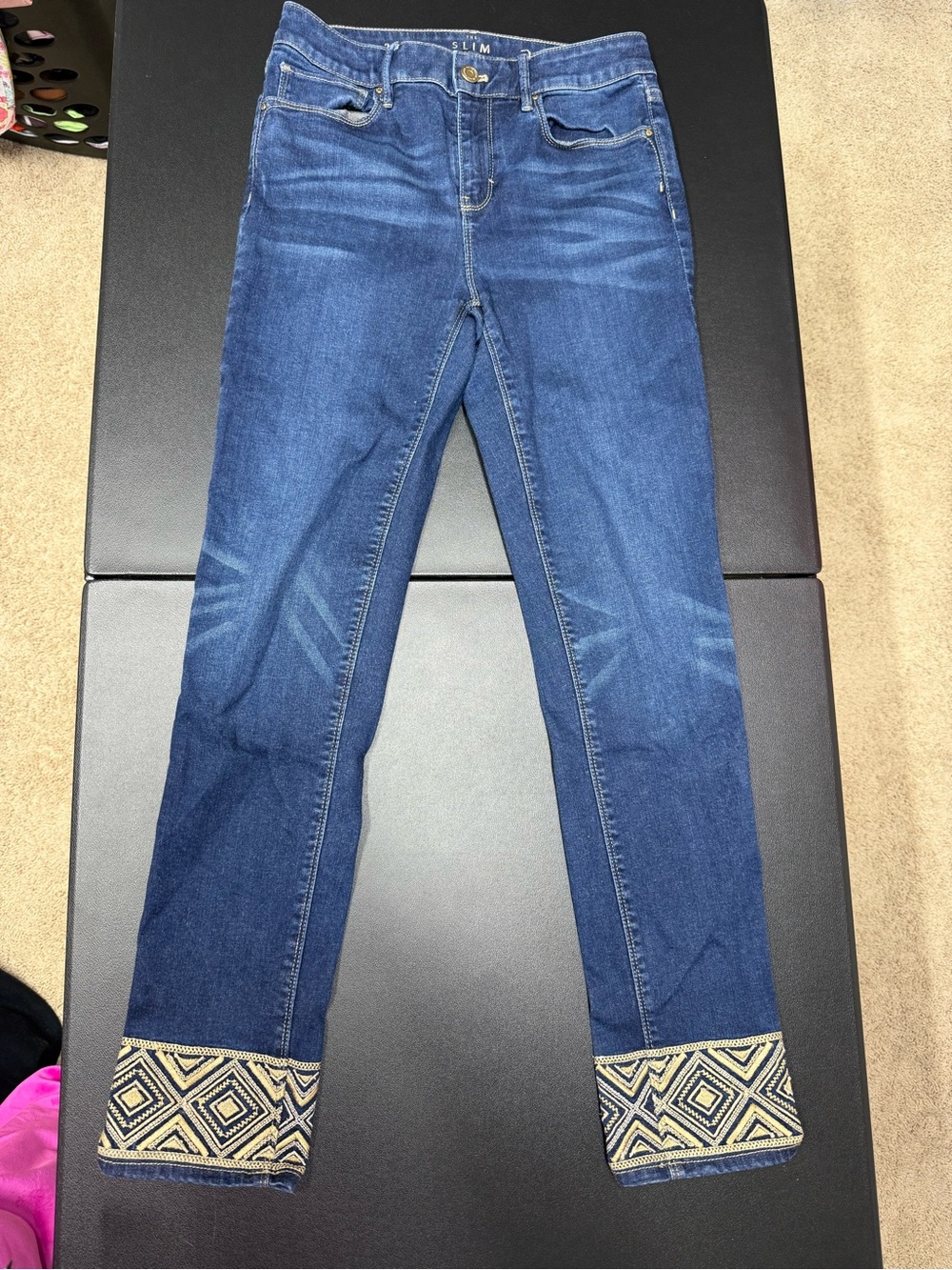 White House Black Market Blue Straight-Leg Jeans with Embroidered Cuffs